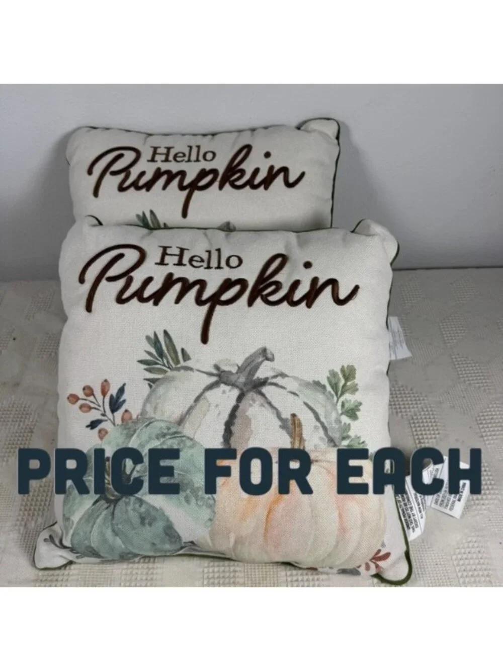 Hello Pumpkin Fall Throw Pillow Embroidered Text Watercolor Pumpkin 16 Inches